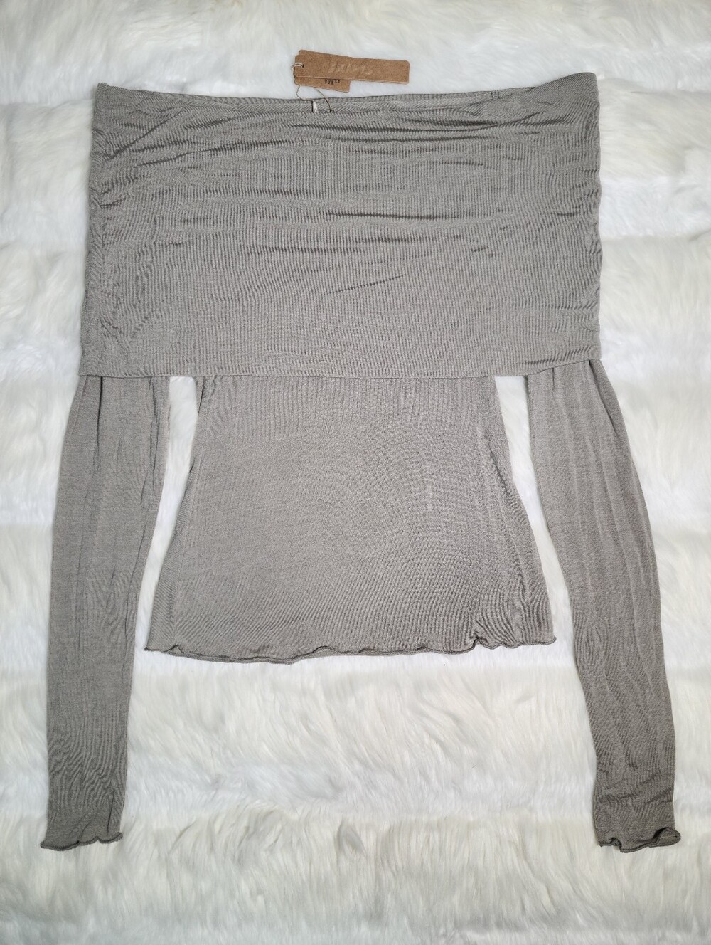 SKIMS Sheer Modal Off Shoulder Long Sleeve Top Grey Dune Women XS NEW